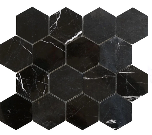 Silky Black Hexagon 3" Polished Mosaic Tile