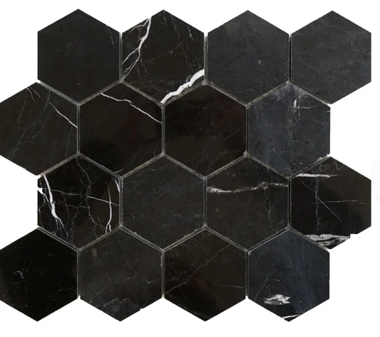 Silky Black Hexagon 3" Honed Mosaic