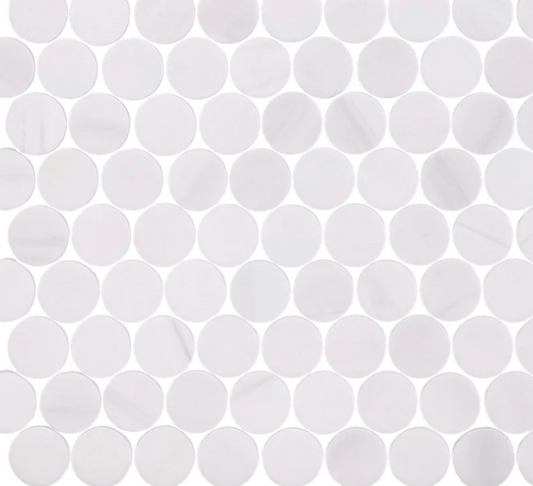 White Glacier Penny Round Honed Mosaic