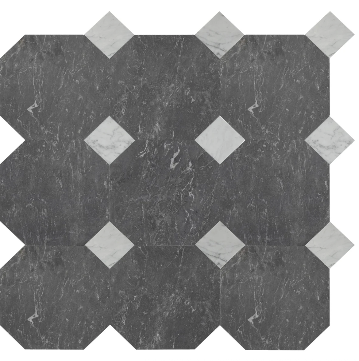 Lovina Smoke Honed Octagon 12'' 3/8'' Field Tile & Perla Carrara Honed 4'' x 4'' x 3/8''