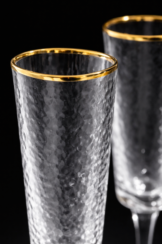 Set of 4 Hammered Champagne Glasses-Clear W/Gold Rim