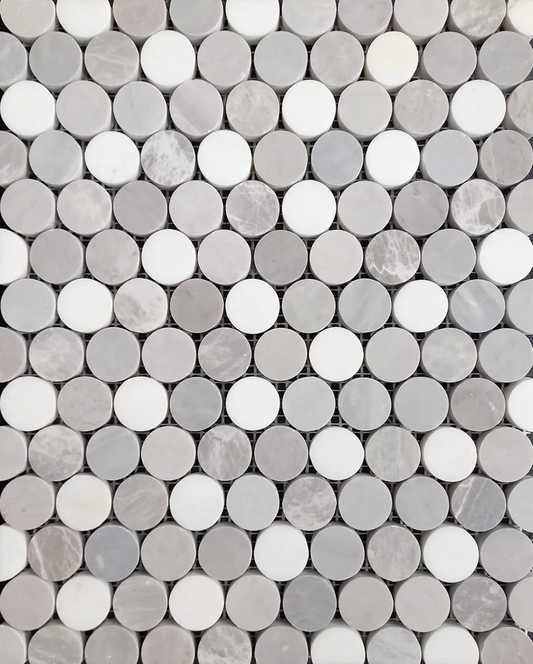 Grey Earth & White Glacier & Icy Grey & Northern Grey Penny Round Honed Mosaic