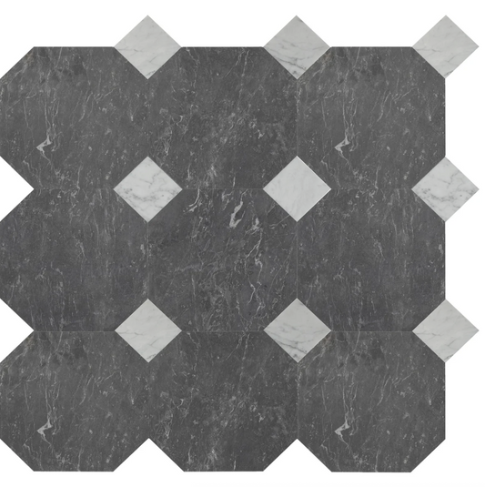 Lovina Smoke Honed Octagon 12'' 3/8'' Field Tile & Perla Carrara Honed 4'' x 4'' x 3/8''