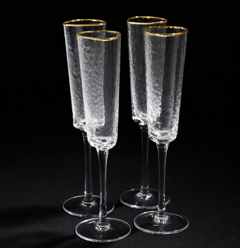 Set of 4 Hammered Champagne Glasses-Clear W/Gold Rim