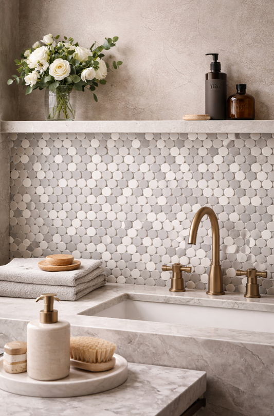 Grey Earth & White Glacier & Icy Grey & Northern Grey Penny Round Honed Mosaic