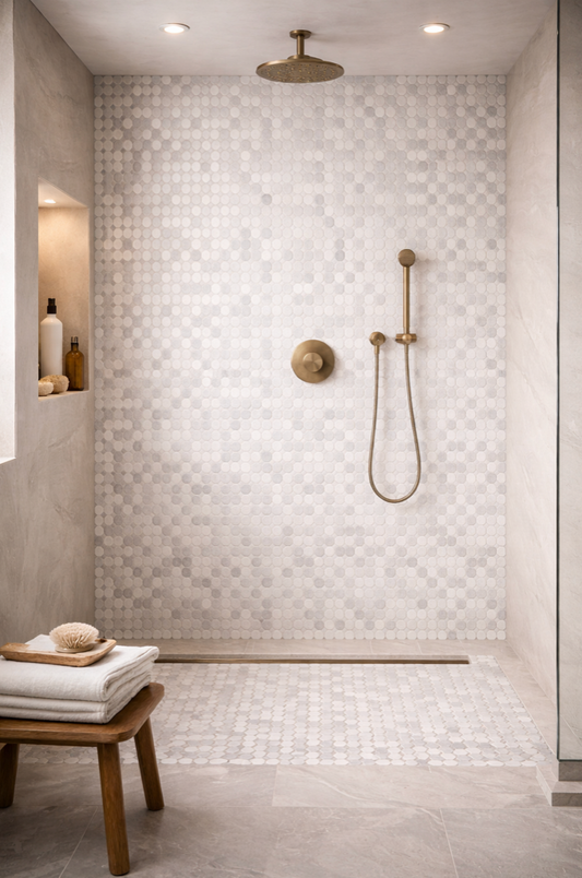 White Glacier Penny Round Honed Mosaic