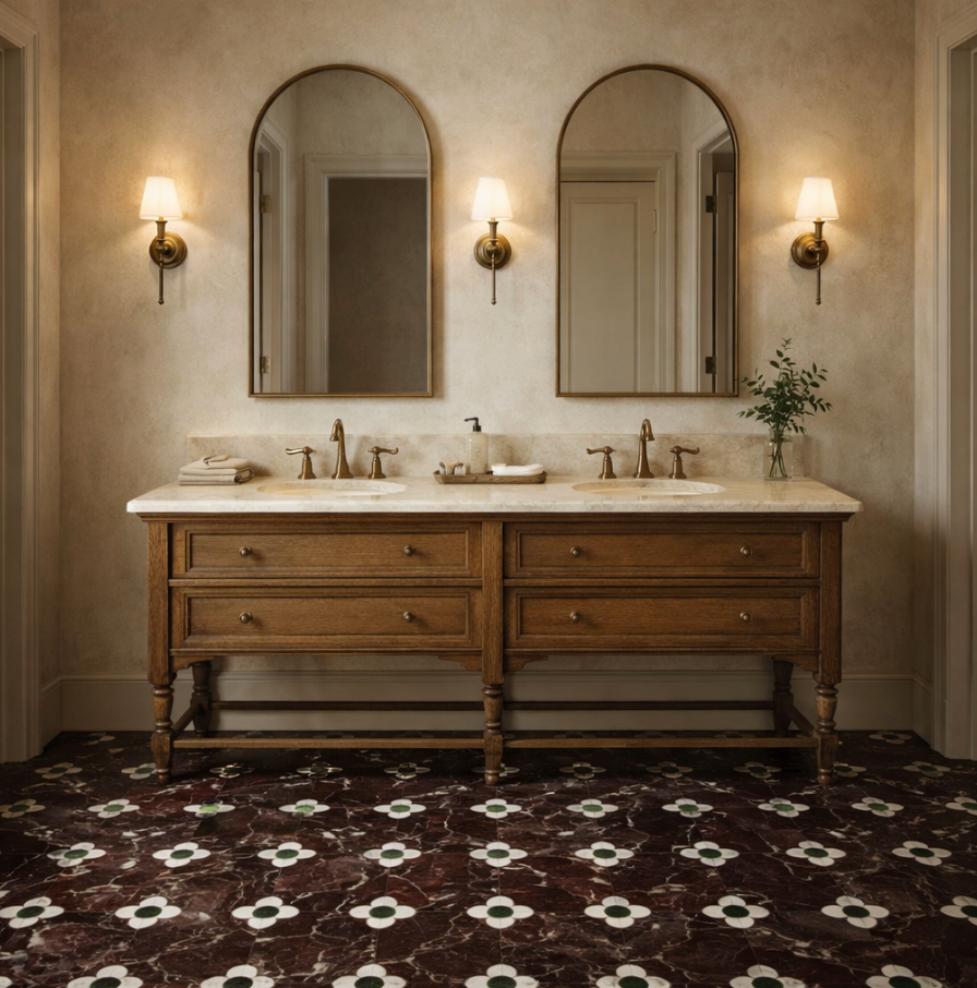 Floral Octagon | Rosso Levanto - Calacatta Viola - Verde Alpi Honed Mosaic Tile