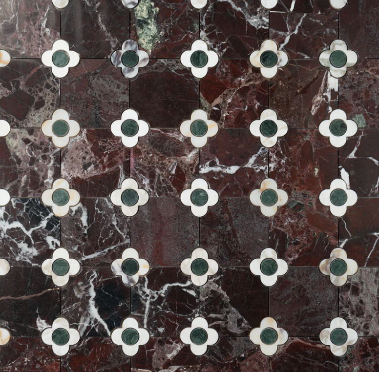 Floral Octagon | Rosso Levanto - Calacatta Viola - Verde Alpi Honed Mosaic Tile
