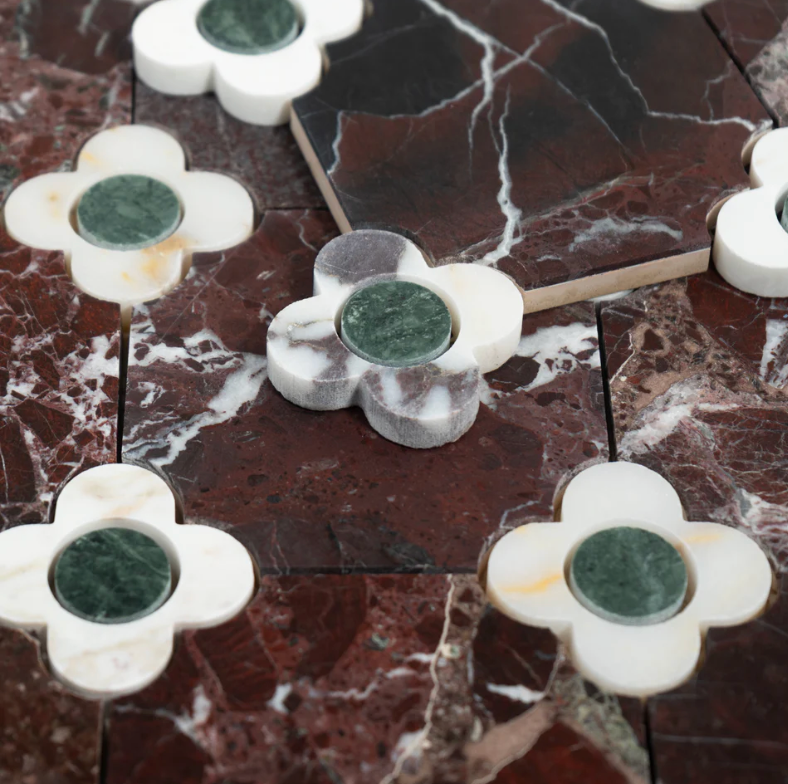 Floral Octagon | Rosso Levanto - Calacatta Viola - Verde Alpi Honed Mosaic Tile