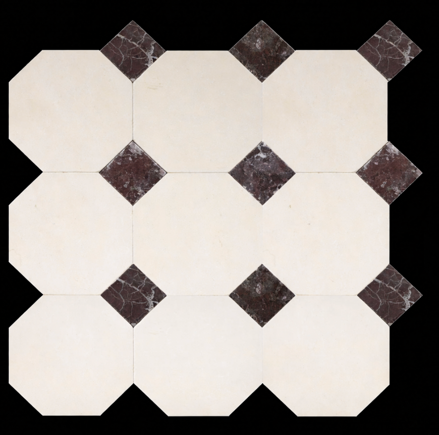 Simena Tumbled Octagon 8'' 3/8'' Field Tile & Rosso Levanto Tumbled 3'' x 3''