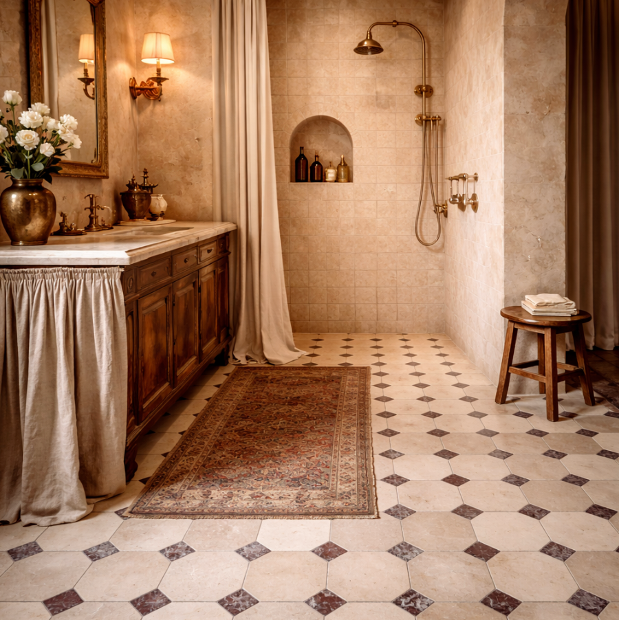 Simena Tumbled Octagon 8'' 3/8'' Field Tile & Rosso Levanto Tumbled 3'' x 3''